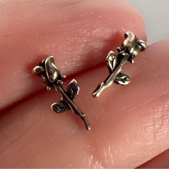 Sterling Silver Tiny Rose Stud Earrings - Picture 3 of 11